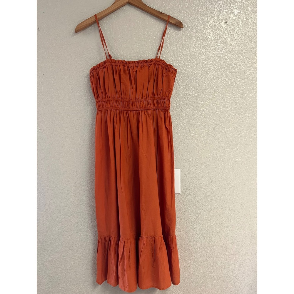 Dizzy Lizzy Burnt Orange Smocked Cotton Midi Dress Womens Medium Tiered Ruffle